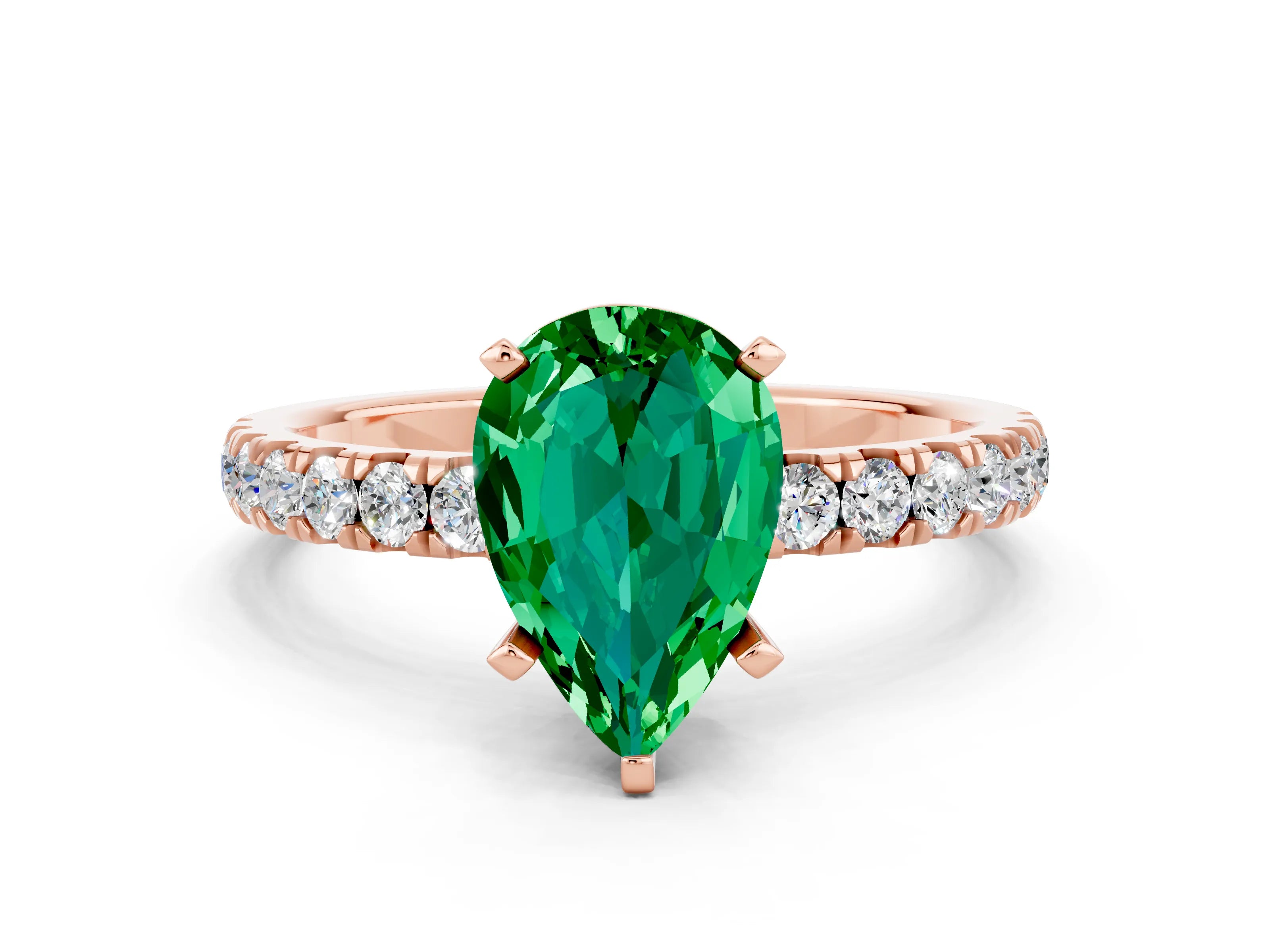 Rose gold Pear Cut Emerald Solitaire Ring with Pavé Accents and Four-Prong Setting