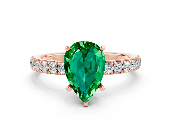 Rose gold Pear Cut Emerald Solitaire Ring with Pavé Accents and Four-Prong Setting