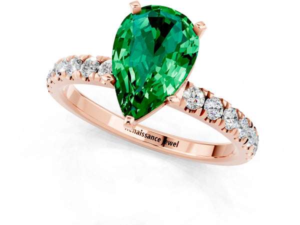 Rose gold Pear Cut Emerald Solitaire Ring with Pavé Accents and Four-Prong Setting