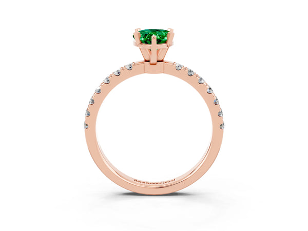 Rose gold Pear Cut Emerald Solitaire Ring with Pavé Accents and Four-Prong Setting
