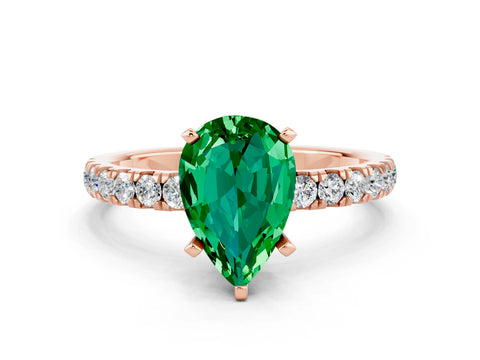Rose gold Pear Cut Emerald Solitaire Ring with Pavé Accents and Four-Prong Setting