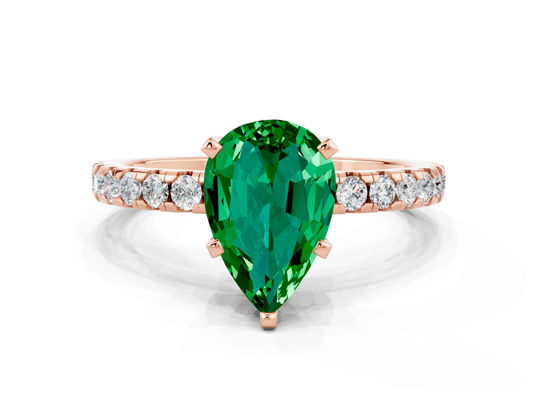 Rose gold Pear Cut Emerald Solitaire Ring with Pavé Band and Four-Prong Setting_24