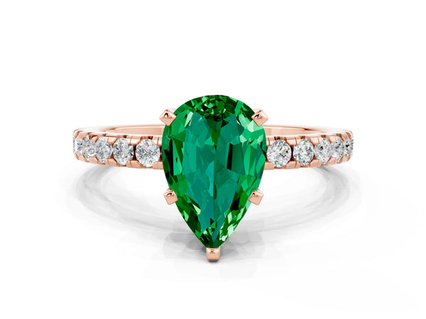 Rose gold Pear Cut Emerald Solitaire Ring with Round  Pavé Band and Four-Prong Setting