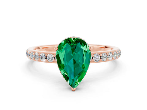 Rose gold Pear Cut Emerald Solitaire Ring with Pavé Band and Hidden Halo_12