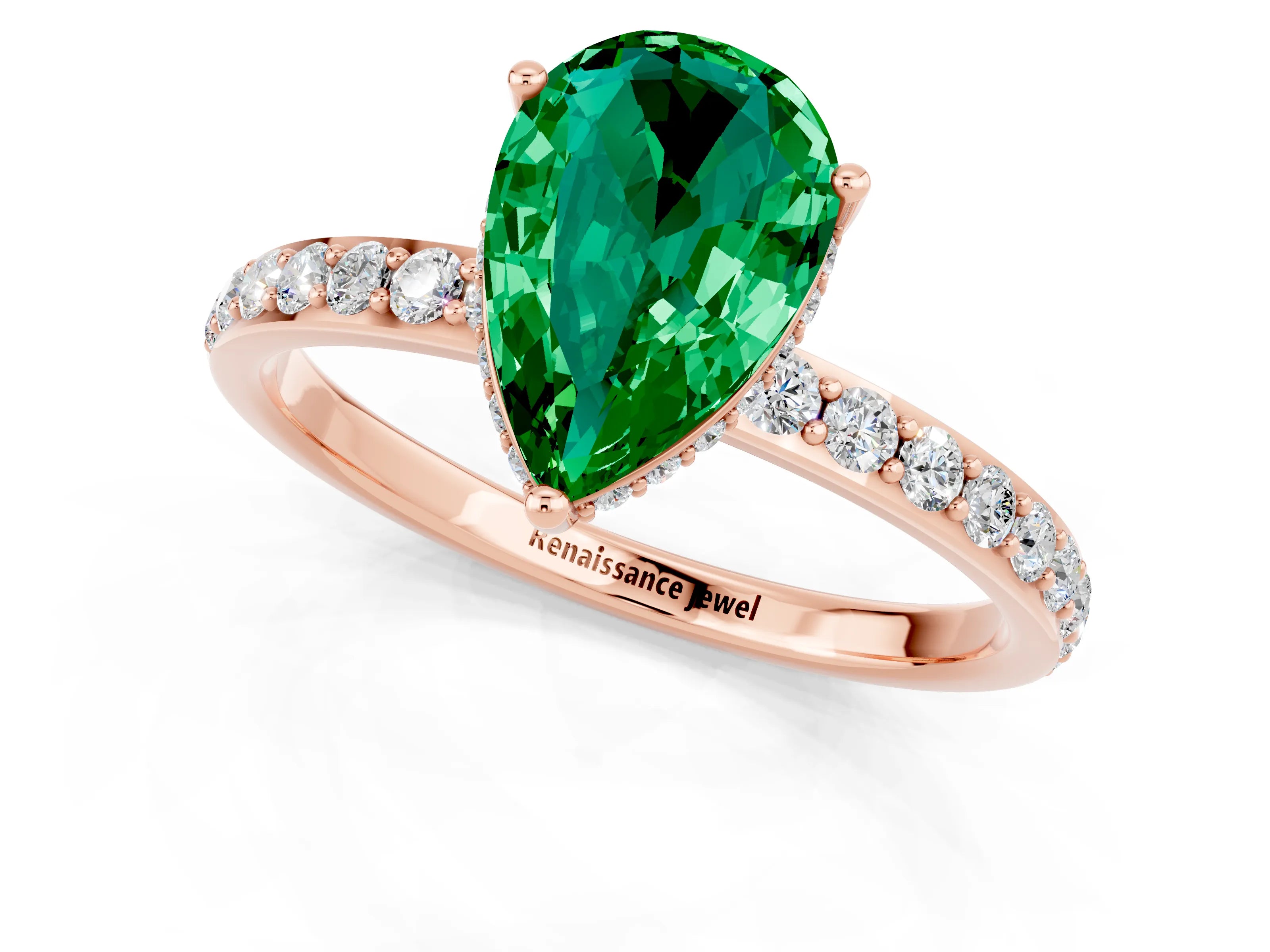 Rose gold Pear Cut Emerald Solitaire Ring with Pavé Band and Hidden Halo_13