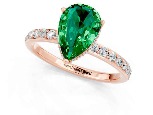 Rose gold Pear Cut Emerald Solitaire Ring with Pavé Band and Hidden Halo