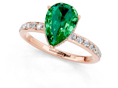 Rose gold Pear Cut Emerald Solitaire Ring with Pavé Band and Hidden Halo_13