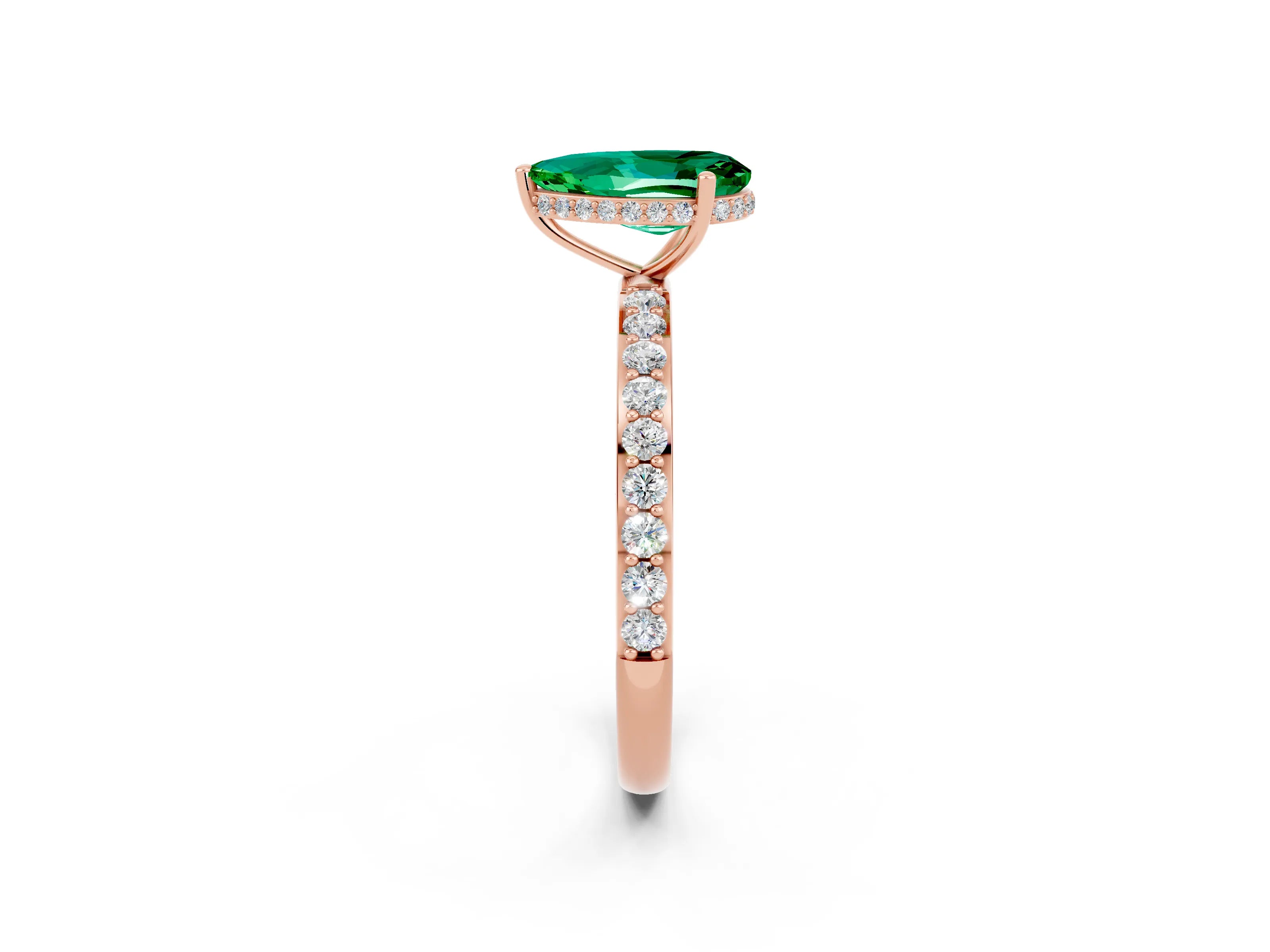 Rose gold Pear Cut Emerald Solitaire Ring with Pavé Band and Hidden Halo_14