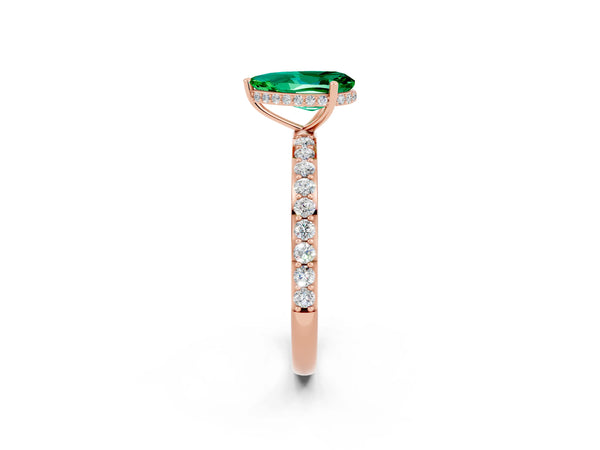 Rose gold Pear Cut Emerald Solitaire Ring with Pavé Band and Hidden Halo