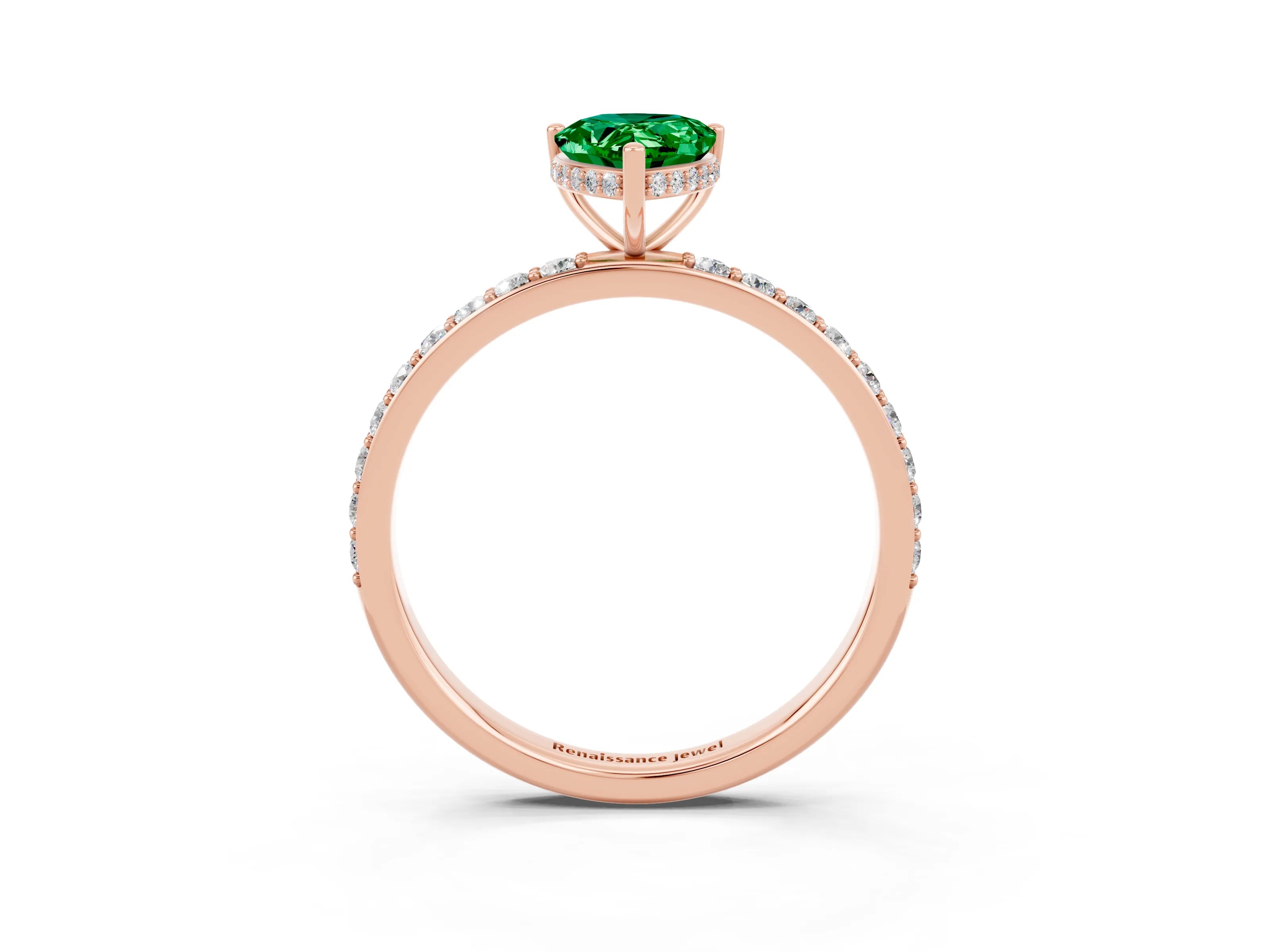 Rose gold Pear Cut Emerald Solitaire Ring with Pavé Band and Hidden Halo_15