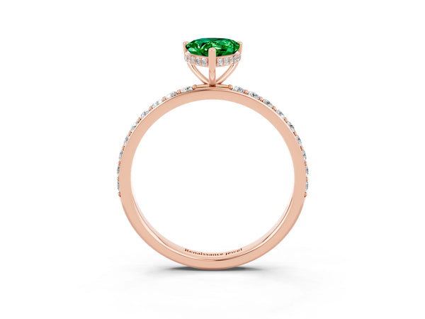 Rose gold Pear Cut Emerald Solitaire Ring with Pavé Band and Hidden Halo