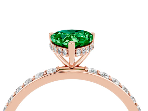 Rose gold Pear Cut Emerald Solitaire Ring with Pavé Band and Hidden Halo_16