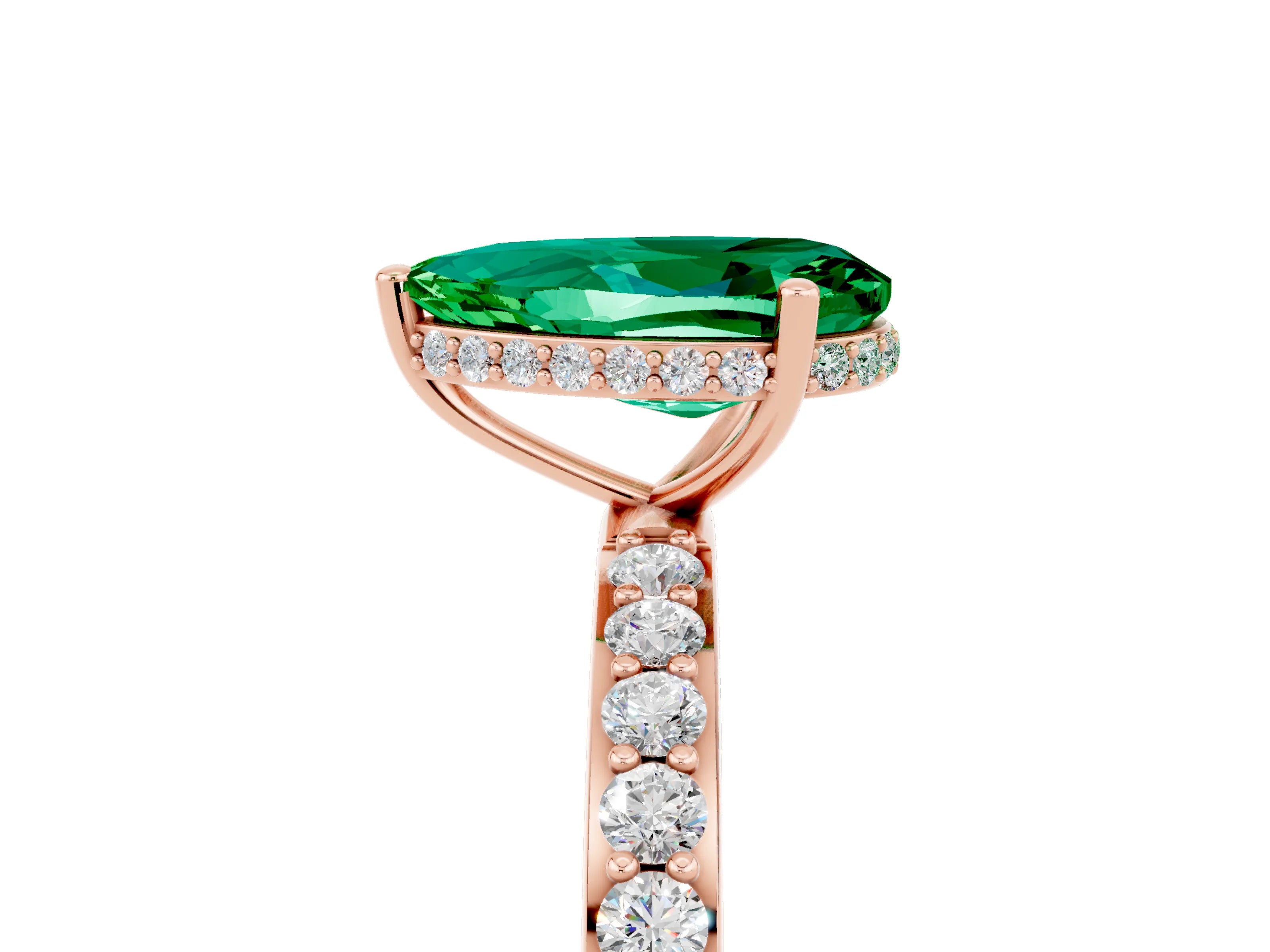 Rose gold Pear Cut Emerald Solitaire Ring with Pavé Band and Hidden Halo_17