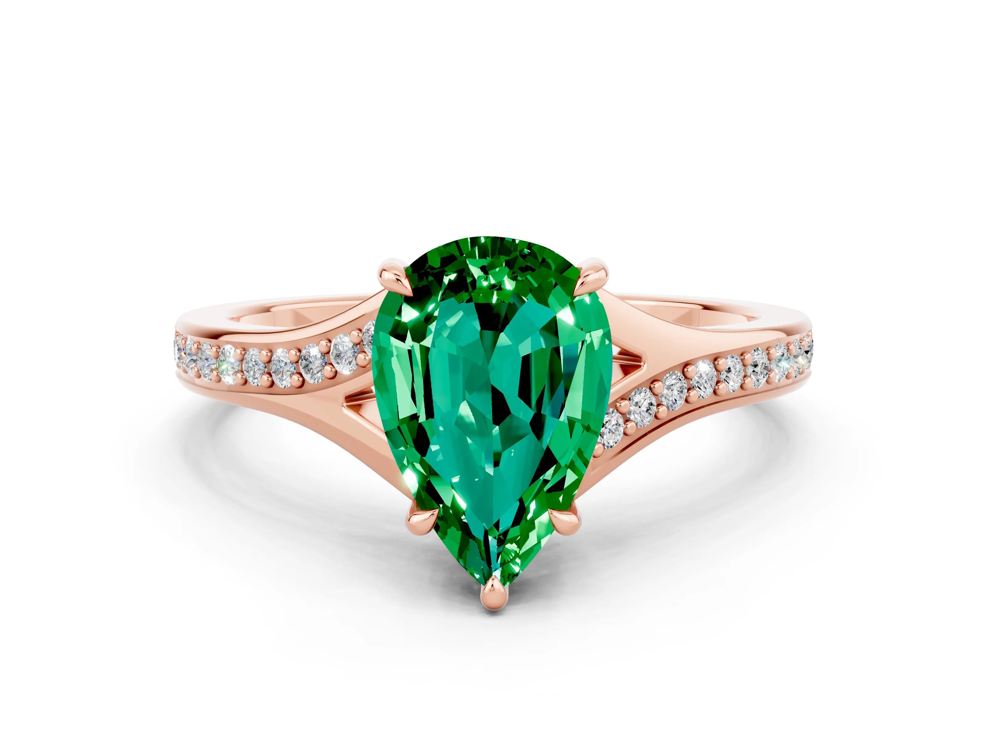 Rose gold Pear Cut Emerald Solitaire Ring with Pavé Band and Prong Setting