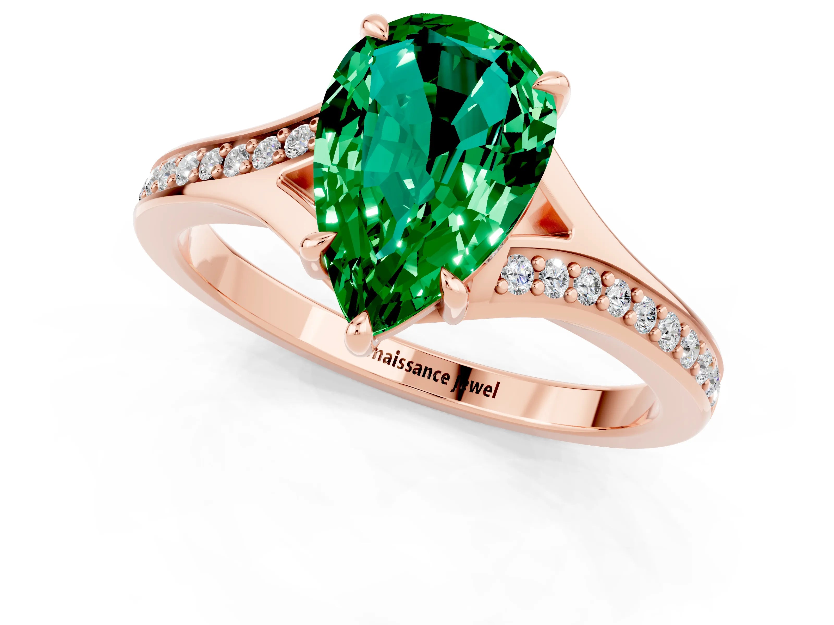Rose gold Pear Cut Emerald Solitaire Ring with Pavé Band and Prong Setting_1
