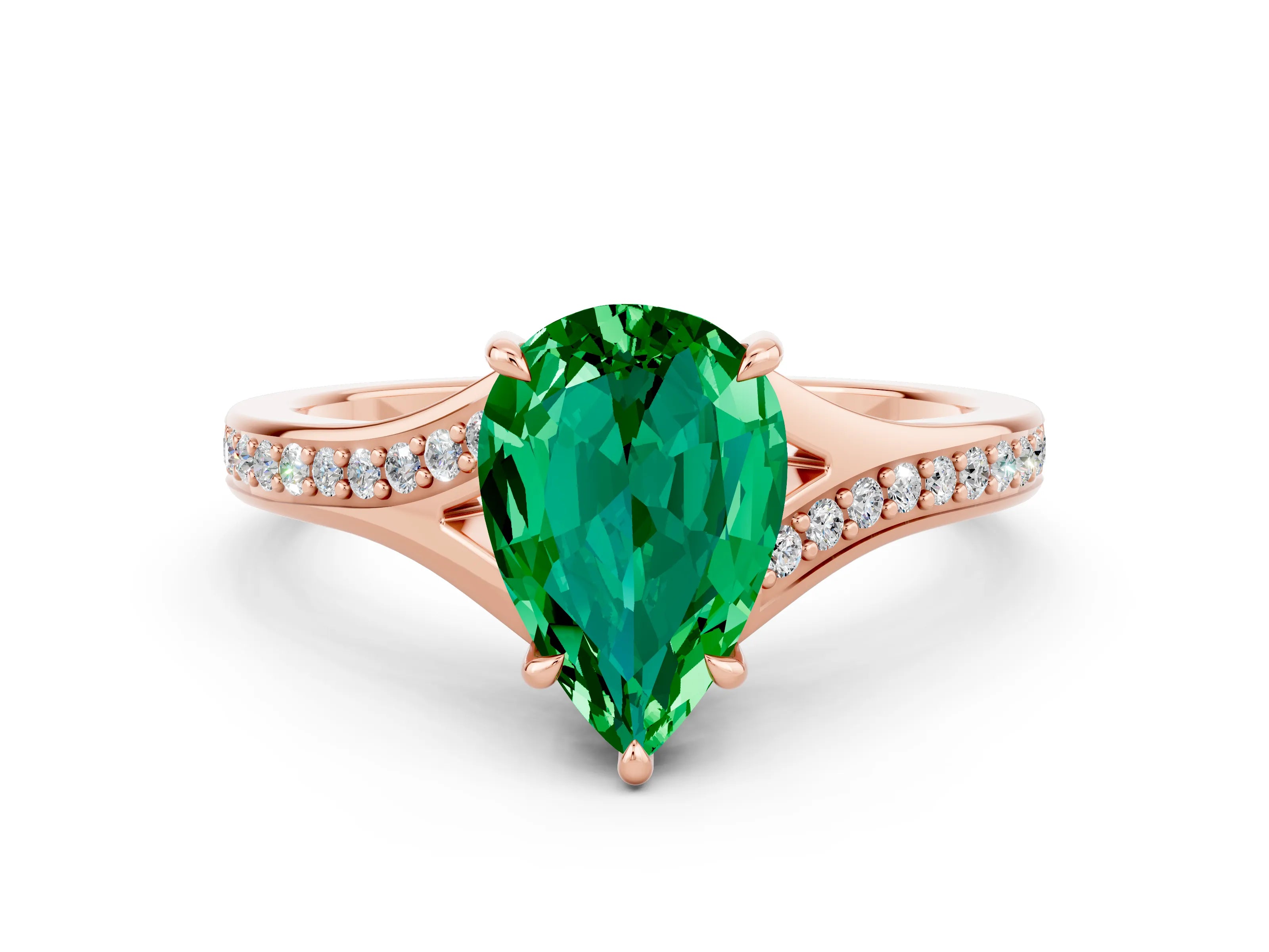Rose gold Pear Cut Emerald Solitaire Ring with Pavé Band and Prong Setting_12