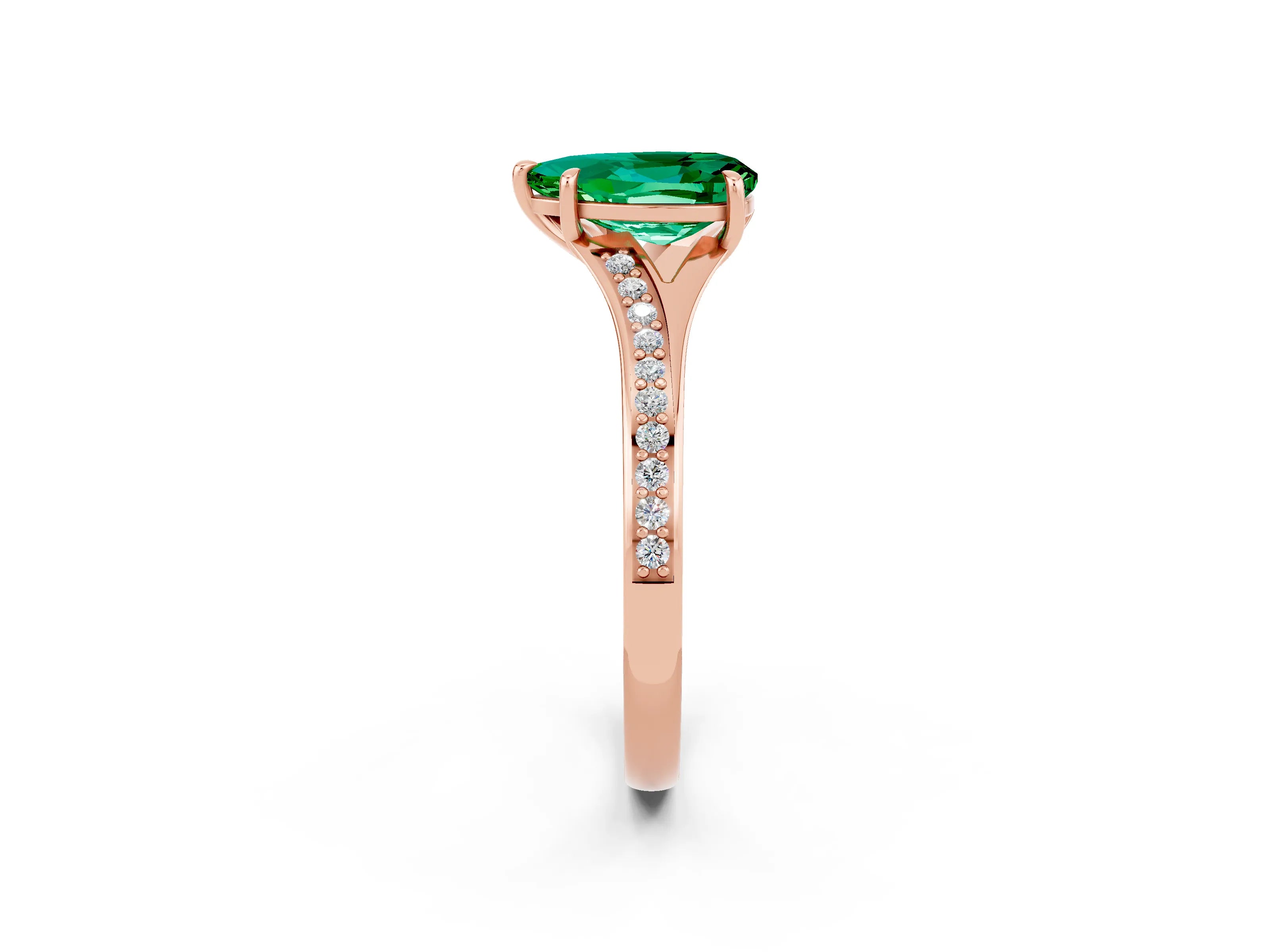 Rose gold Pear Cut Emerald Solitaire Ring with Pavé Band and Prong Setting_14