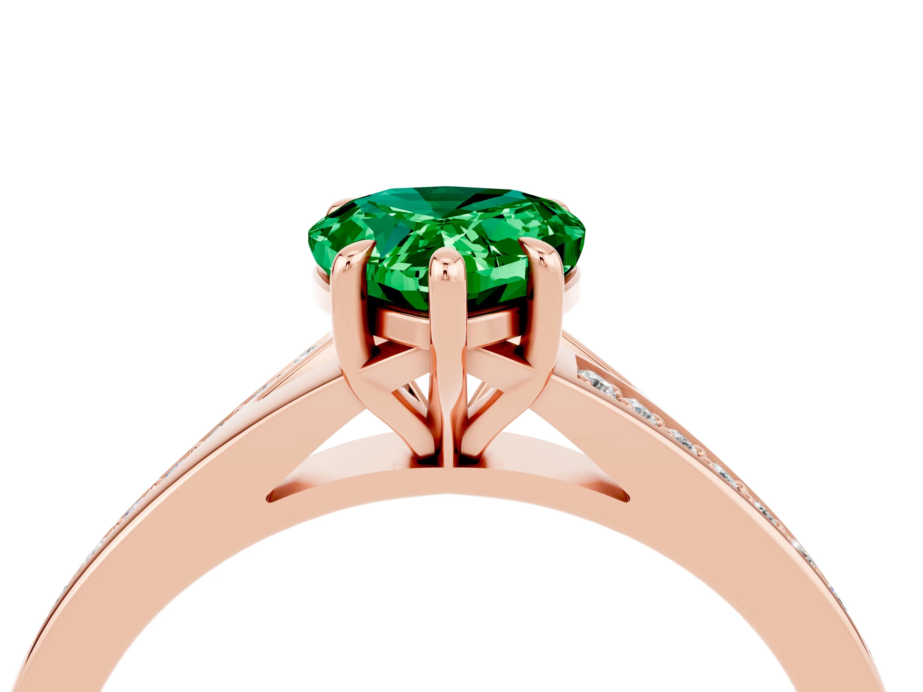 Rose gold Pear Cut Emerald Solitaire Ring with Pavé Band and Prong Setting_16