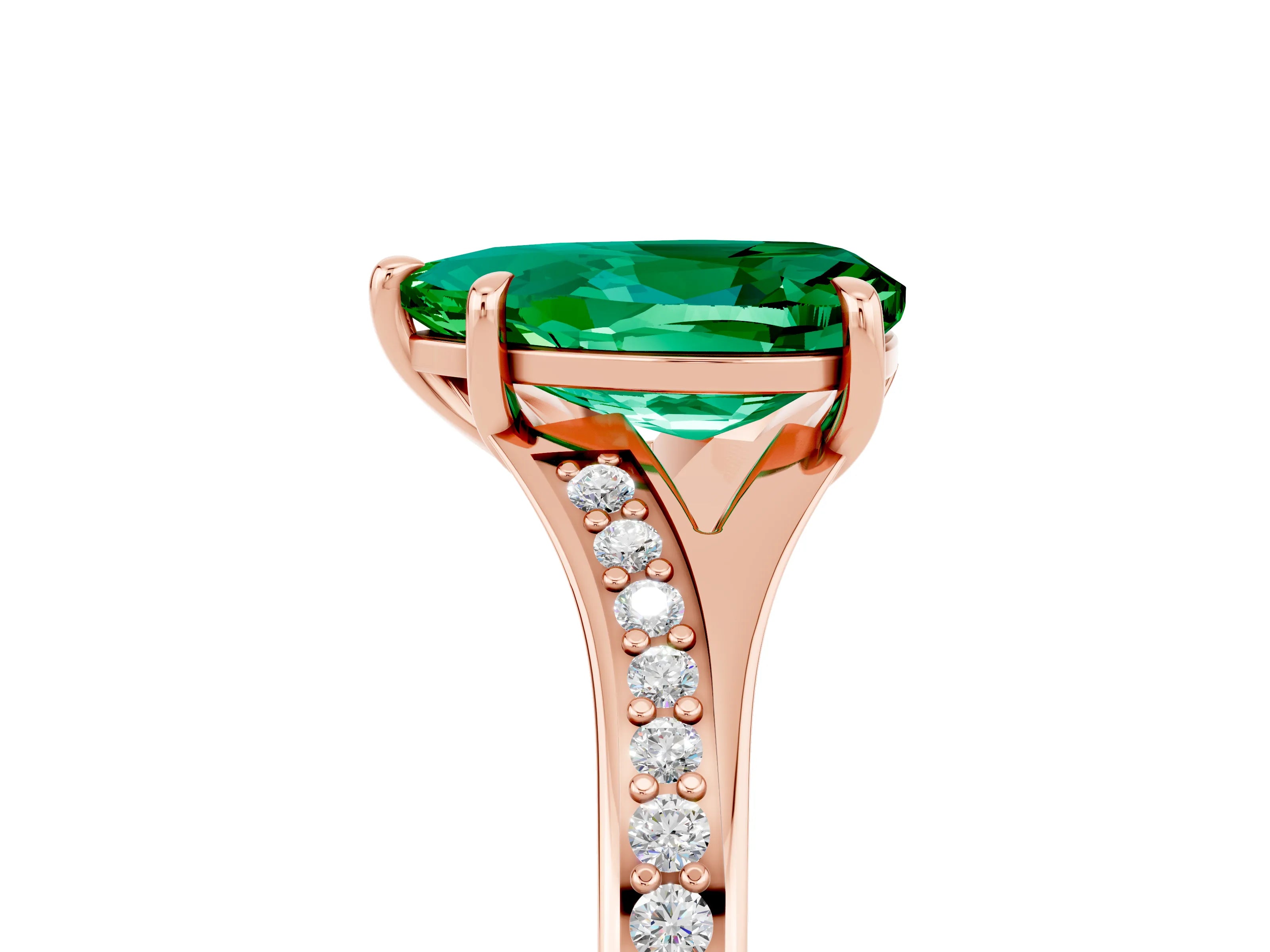 Rose gold Pear Cut Emerald Solitaire Ring with Pavé Band and Prong Setting_17