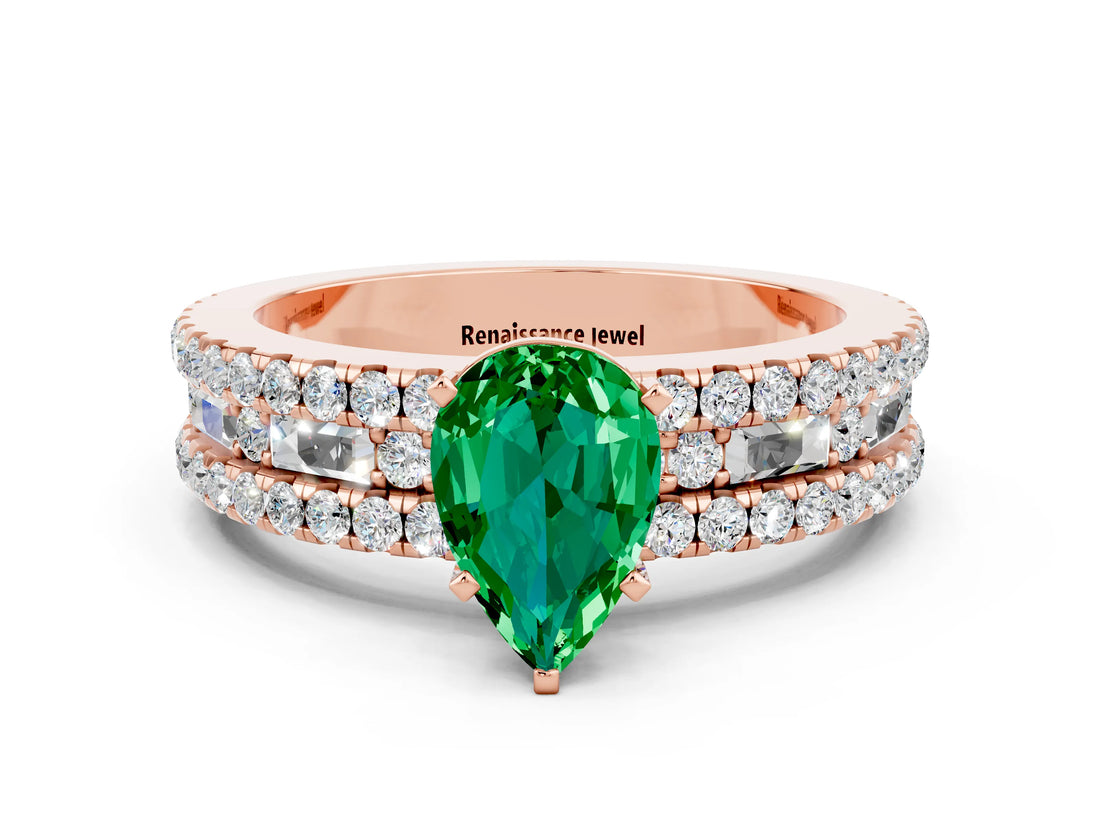 Rose gold Pear Cut Emerald Solitaire Ring with Pavé and Channel Set Band