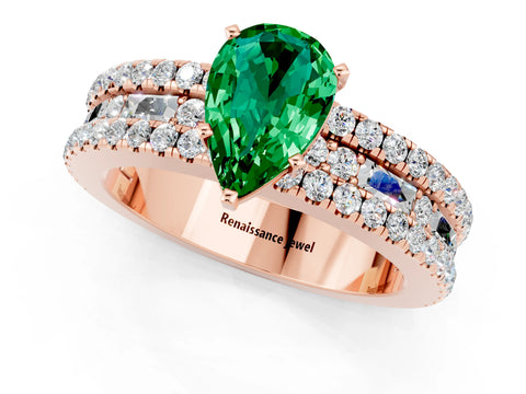 Rose gold Pear Cut Emerald Solitaire Ring with Pavé and Channel Set Band_1