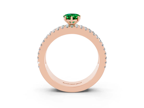 Rose gold Pear Cut Emerald Solitaire Ring with Pavé and Channel Set Band