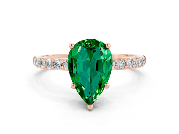 Rose gold Pear Cut Emerald Solitaire Ring with Round  Pavé Band and Prong Setting
