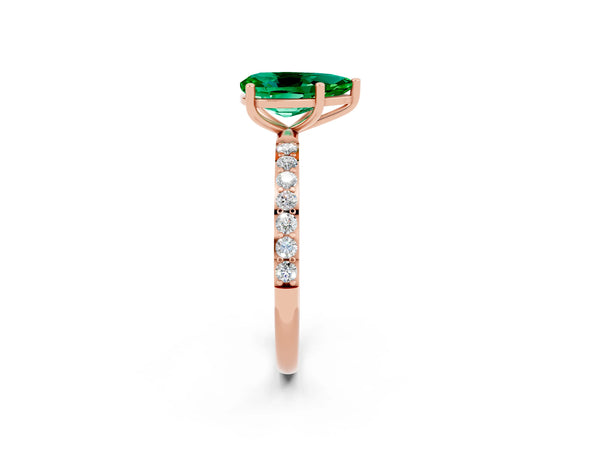 Rose gold Pear Cut Emerald Solitaire Ring with Round  Pavé Band and Prong Setting