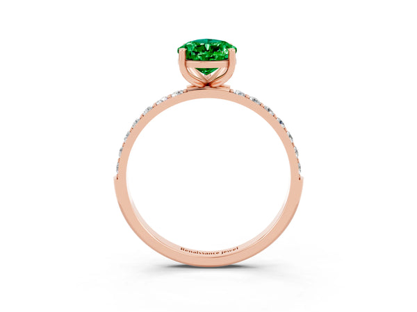 Rose gold Pear Cut Emerald Solitaire Ring with Round  Pavé Band and Prong Setting