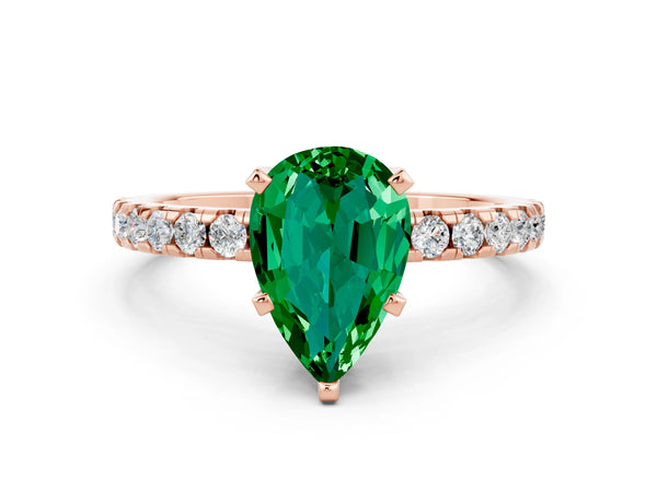 Rose gold Pear Cut Emerald Solitaire Ring with Round  Pavé Band and Four-Prong Setting