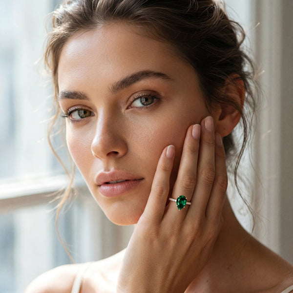 Rose gold Pear Cut Emerald Solitaire Ring with Round  Pavé Band and Four-Prong Setting