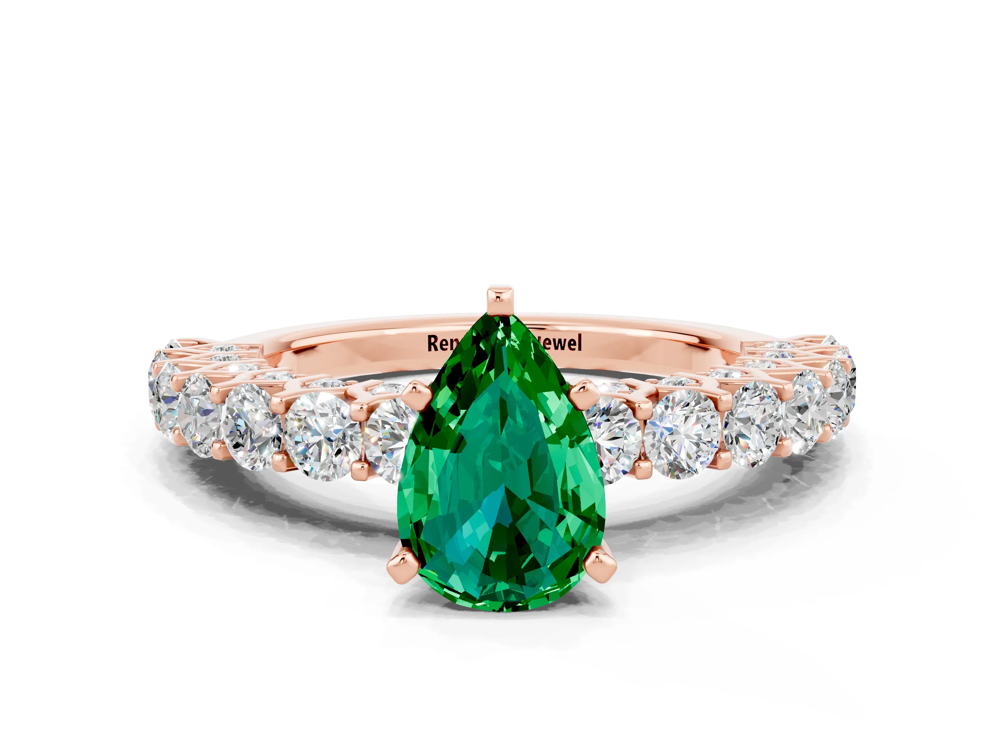 Rose gold Pear Cut Emerald Solitaire Ring with Shared Prong Pavé Band and Four-Prong Setting