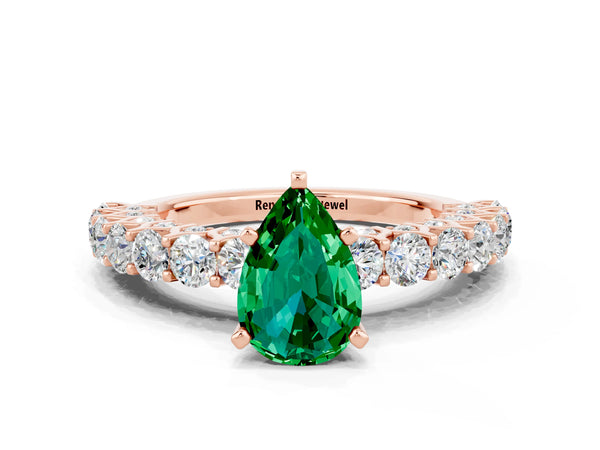 Rose gold Pear Cut Emerald Solitaire Ring with Shared Prong Pavé Band and Four-Prong Setting