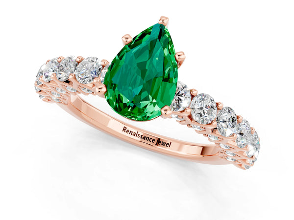 Rose gold Pear Cut Emerald Solitaire Ring with Shared Prong Pavé Band and Four-Prong Setting