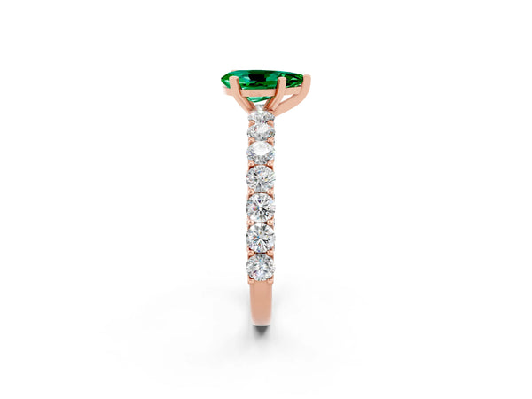 Rose gold Pear Cut Emerald Solitaire Ring with Shared Prong Pavé Band and Four-Prong Setting