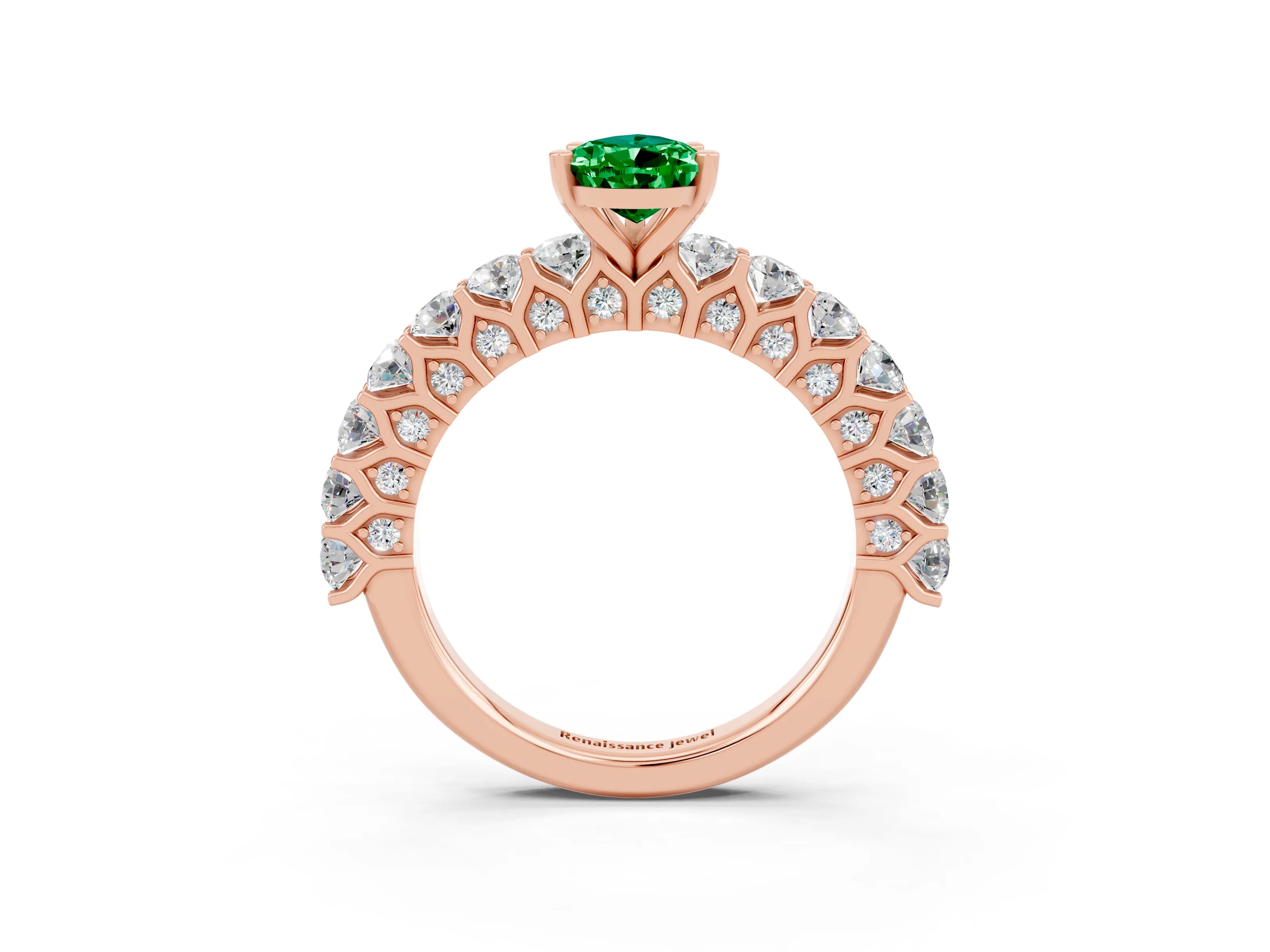 Rose gold Pear Cut Emerald Solitaire Ring with Shared Prong Pavé Band and Four-Prong Setting_3