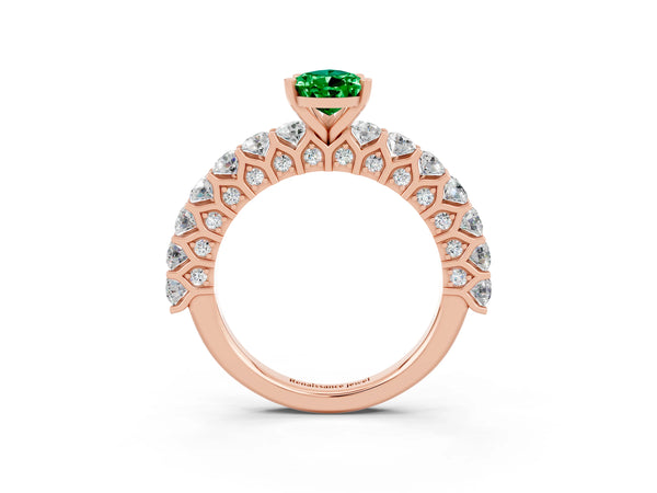 Rose gold Pear Cut Emerald Solitaire Ring with Shared Prong Pavé Band and Four-Prong Setting