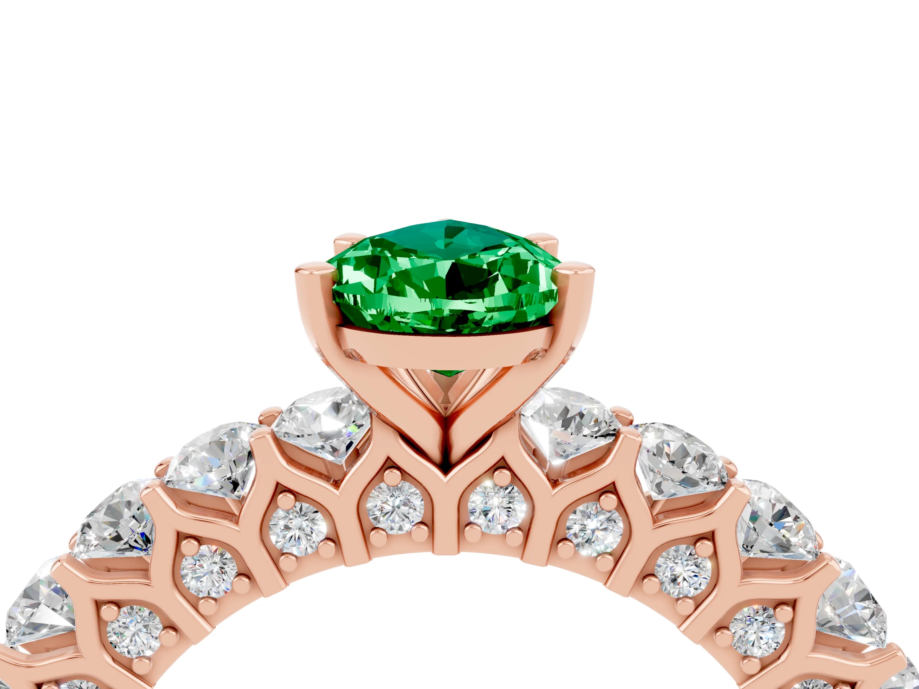 Rose gold Pear Cut Emerald Solitaire Ring with Shared Prong Pavé Band and Four-Prong Setting_4