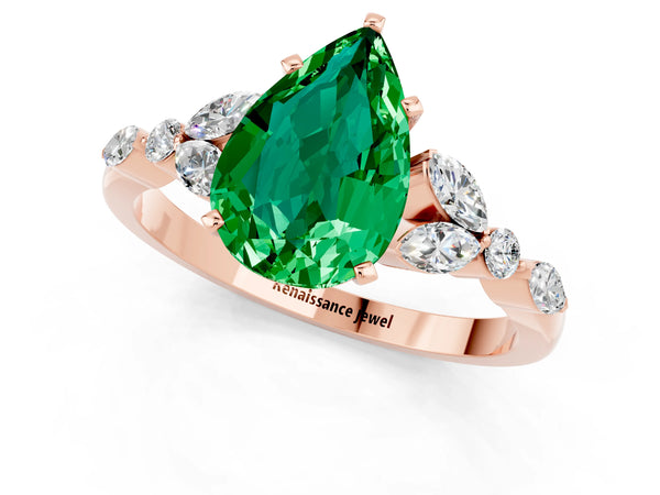 Rose gold Pear Cut Emerald Solitaire Ring with Side Stones and Four-Prong Setting