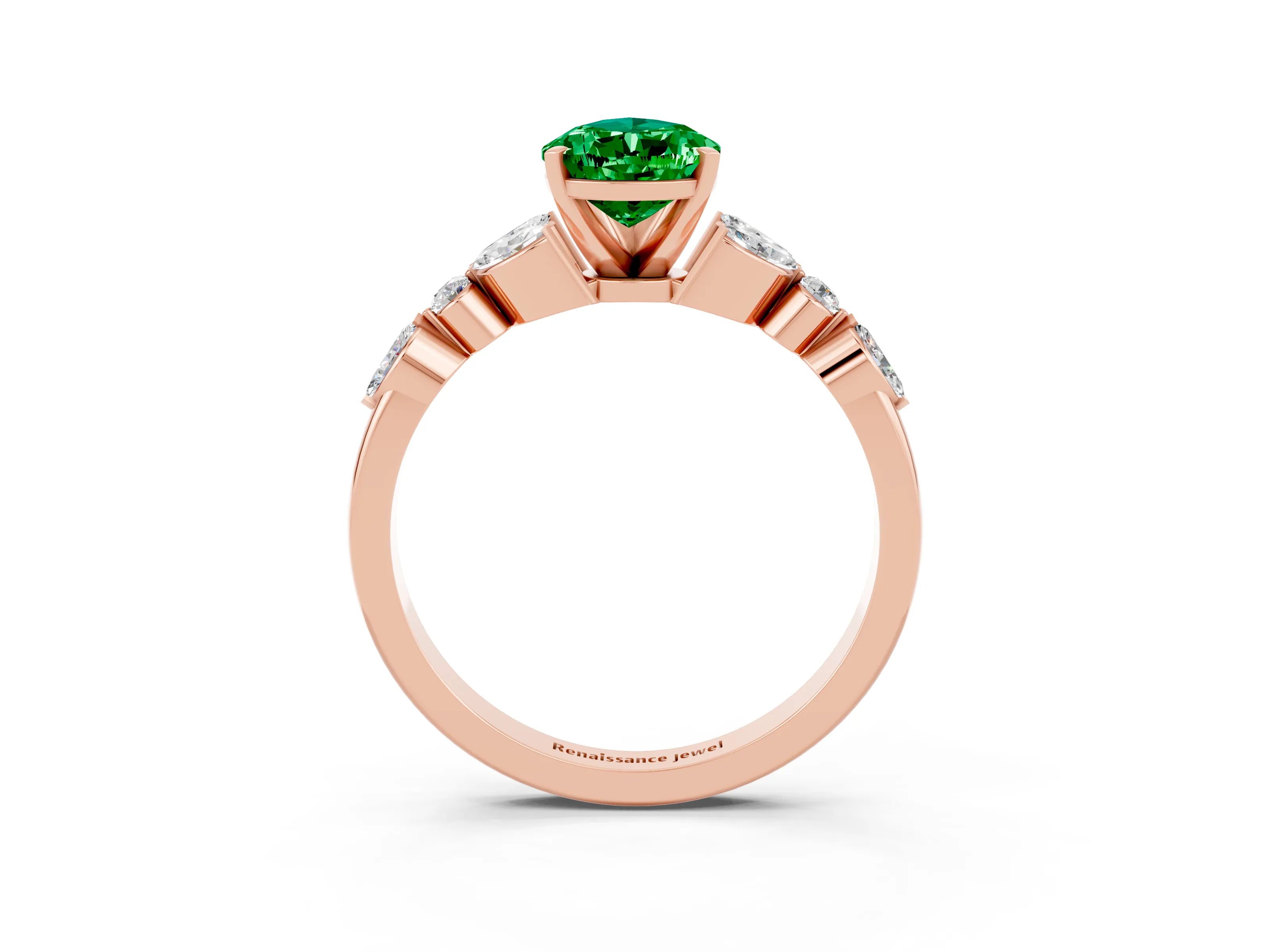 Rose gold Pear Cut Emerald Solitaire Ring with Side Stones and Four-Prong Setting_15