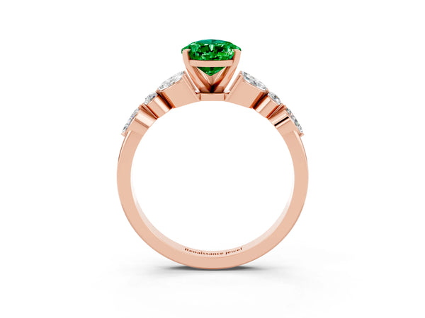 Rose gold Pear Cut Emerald Solitaire Ring with Side Stones and Four-Prong Setting