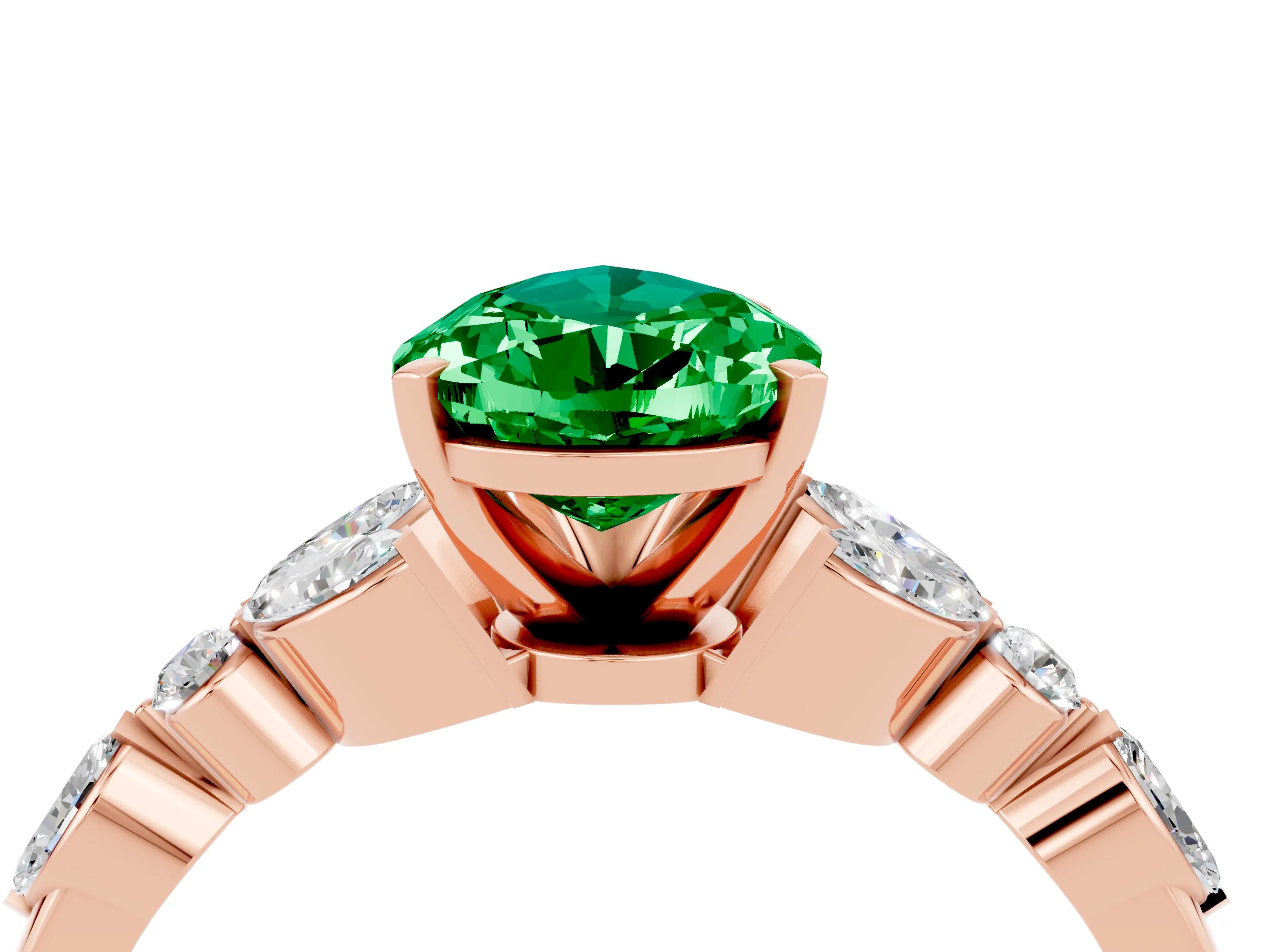 Rose gold Pear Cut Emerald Solitaire Ring with Side Stones and Four-Prong Setting_16