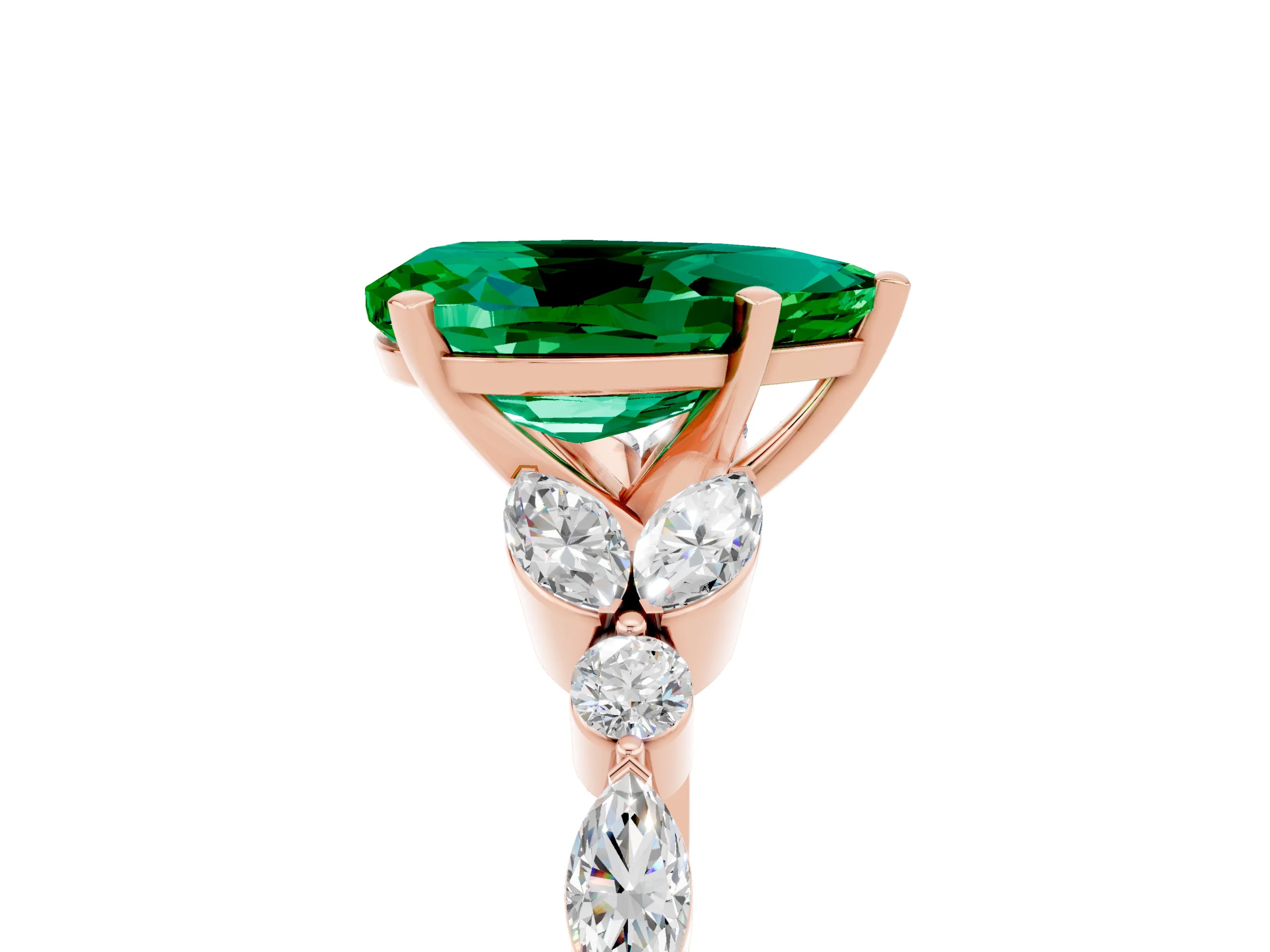 Rose gold Pear Cut Emerald Solitaire Ring with Side Stones and Four-Prong Setting_17