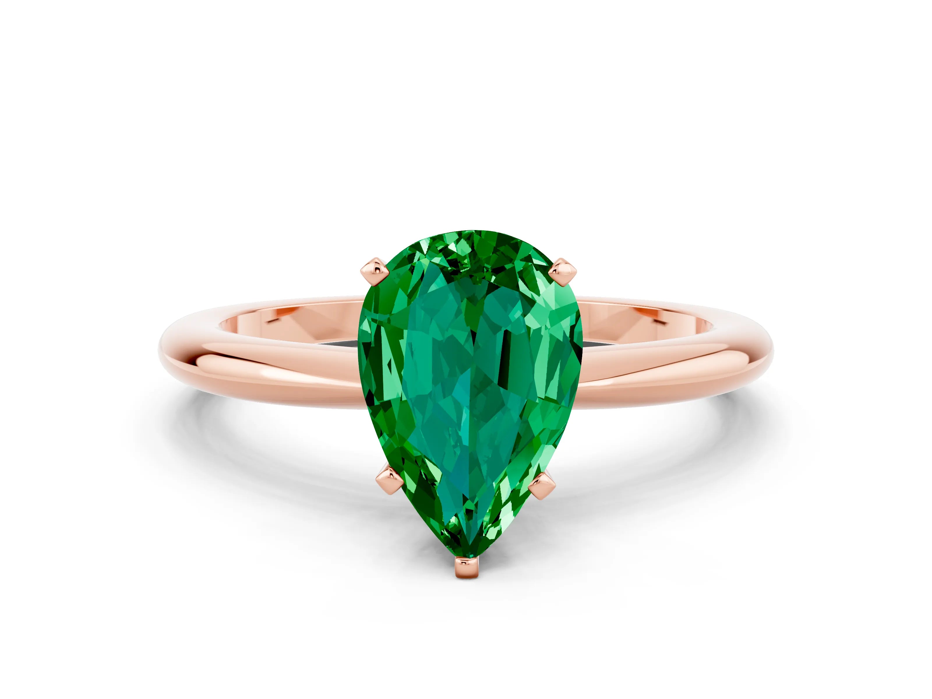 Rose gold Pear Cut Emerald Solitaire Ring with Six-Prong Setting and Classic Band