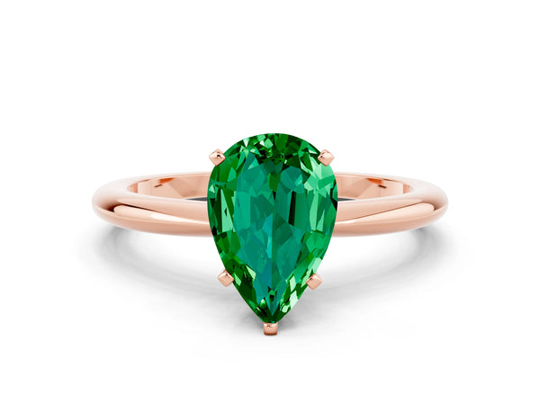 Rose gold Pear Cut Emerald Solitaire Ring with Six-Prong Setting and Classic Band