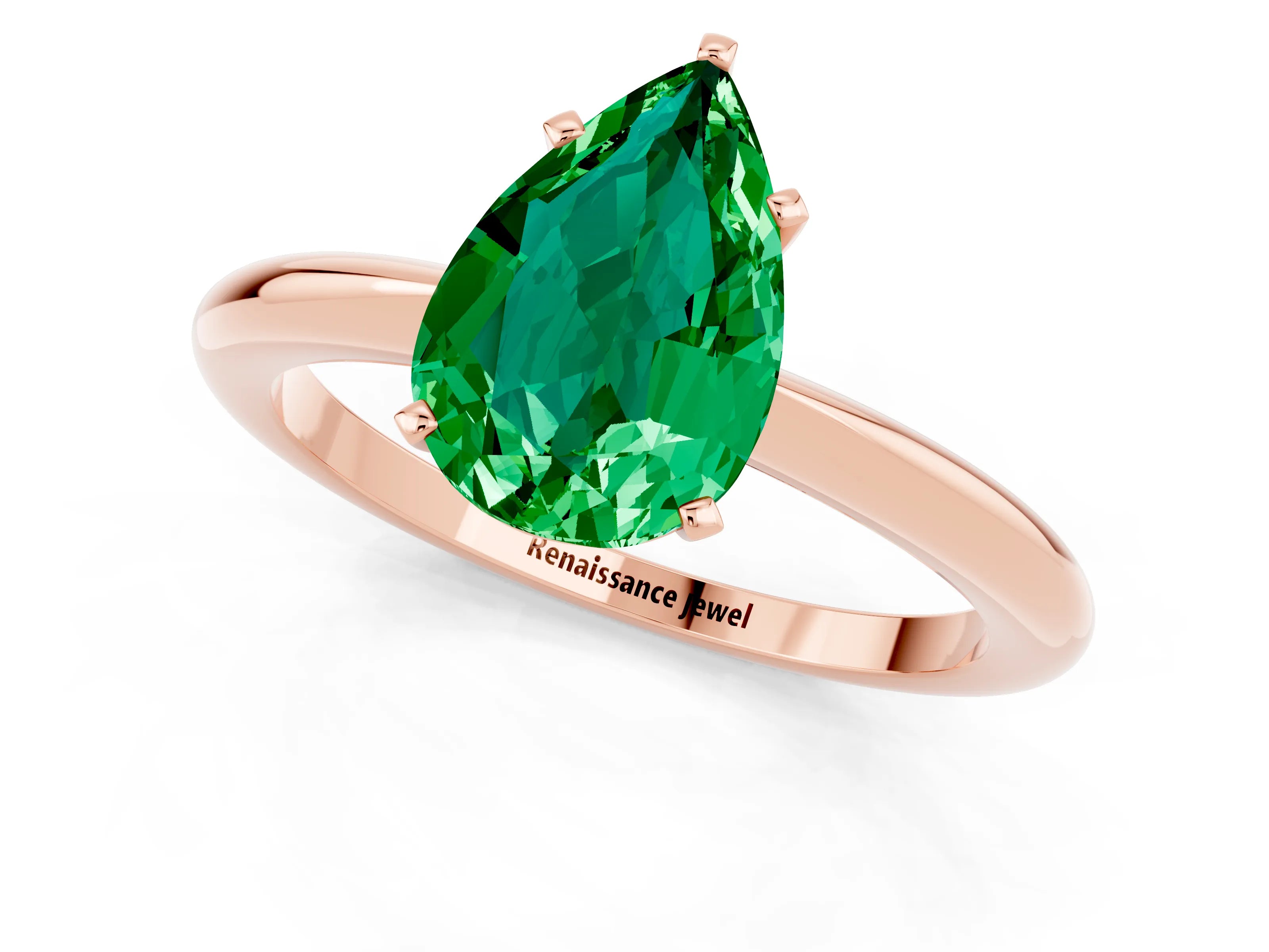 Rose gold Pear Cut Emerald Solitaire Ring with Six-Prong Setting and Classic Band_1