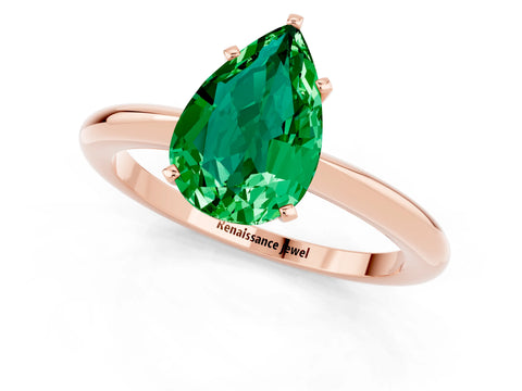 Rose gold Pear Cut Emerald Solitaire Ring with Six-Prong Setting and Classic Band_1