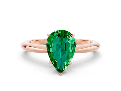 Rose gold Pear Cut Emerald Solitaire Ring with Six-Prong Setting and Classic Band