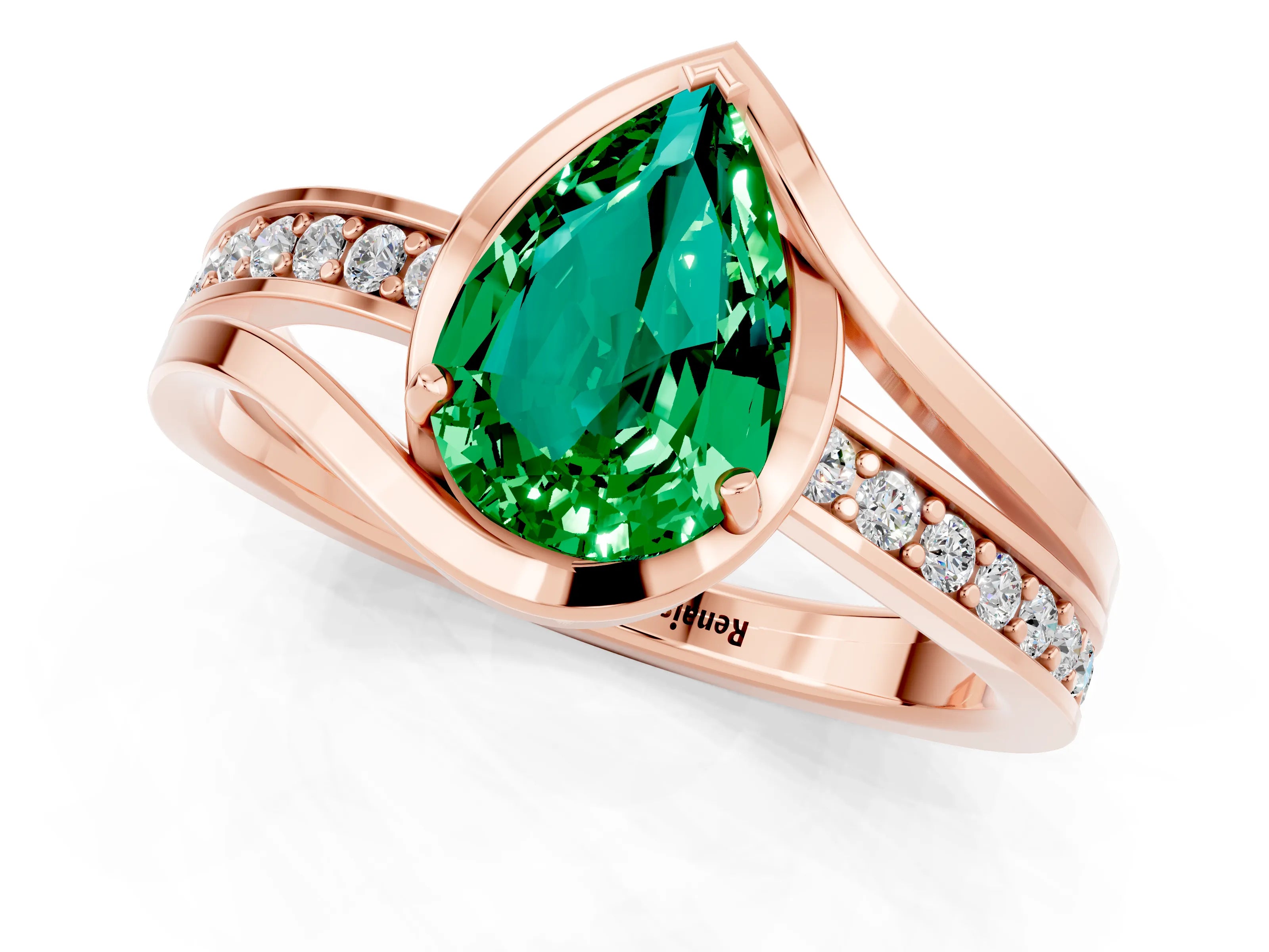 Rose gold Pear Cut Emerald Solitaire Ring with Split Shank and Prong Setting_1