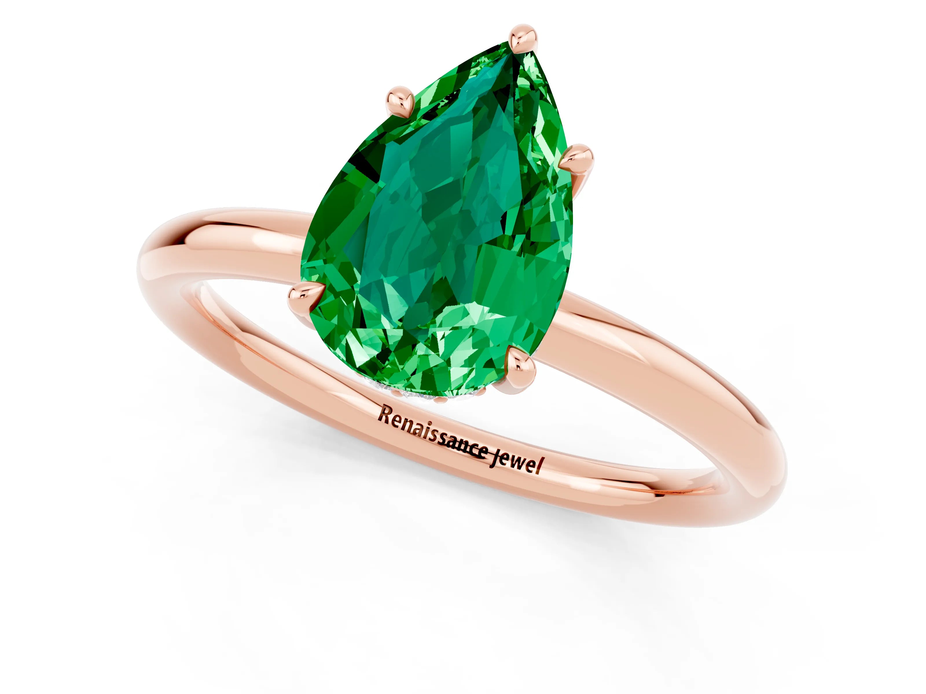 Rose gold Pear Cut Emerald Solitaire Ring with Thin Band and Four-Prong Setting_13